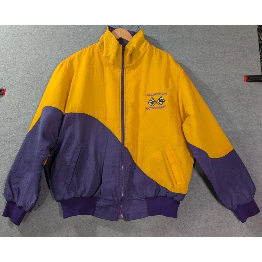 Vintage Rennoc Quilted Puffer Jacket XL Yellow Purple Motorsports USA‎ 90s